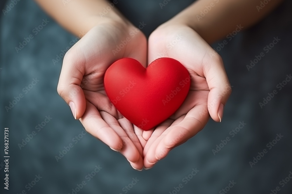 Close up shoot of hand with red heart on dark grey background . Healthcare, love concept Close up shoot of hand with red heart on dark grey background . Healthcare, love concept