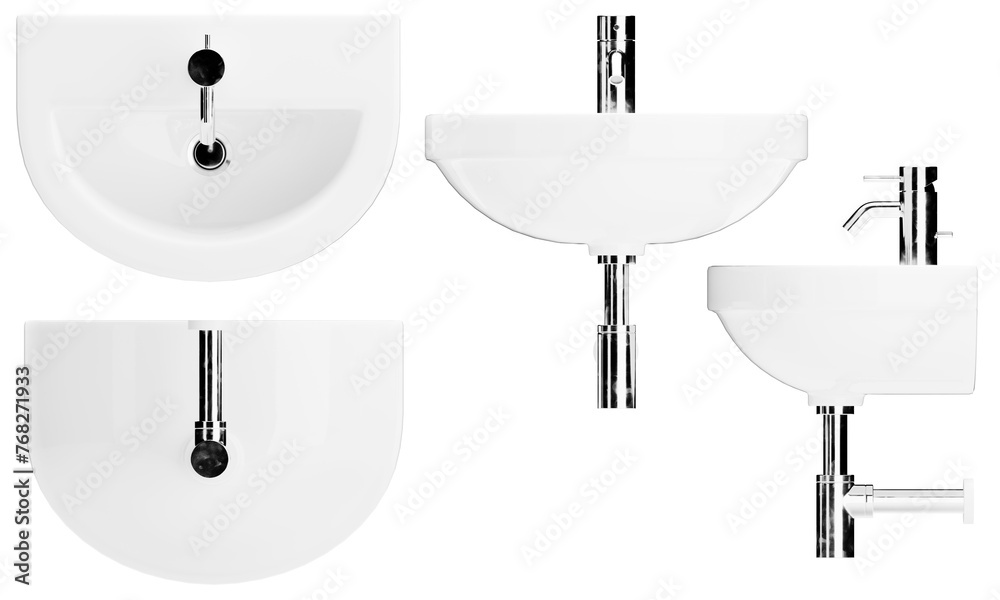 White Bathroom Sink Variations with Chrome Details on a Black Background