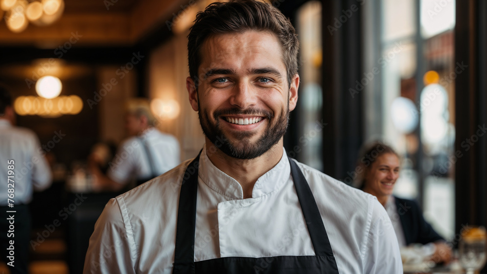 Smiling Male Chef in Black Apron Standing Inside Busy Restaurant During Service Hours Smiling Male Chef in Black Apron Standing Inside Busy Restaurant During Service Hours