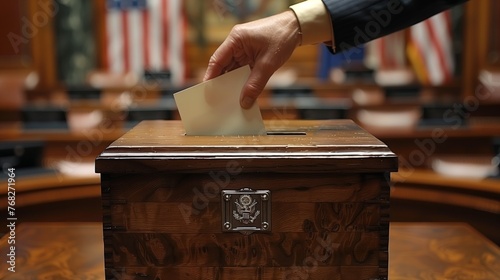 Placing a ballot in a hardwood box with wood stain finish