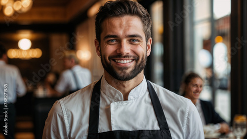 Fototapeta Naklejka Na Ścianę i Meble -  Smiling Male Chef in Black Apron Standing Inside Busy Restaurant During Service Hours