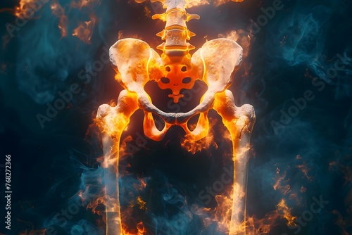 3D rendering of inflamed human hip joint bones illustrating arthritis and rheumatism medical conditions. Concept Medical Illustration, Arthritis, Rheumatism, Inflamed Joint, 3D Rendering