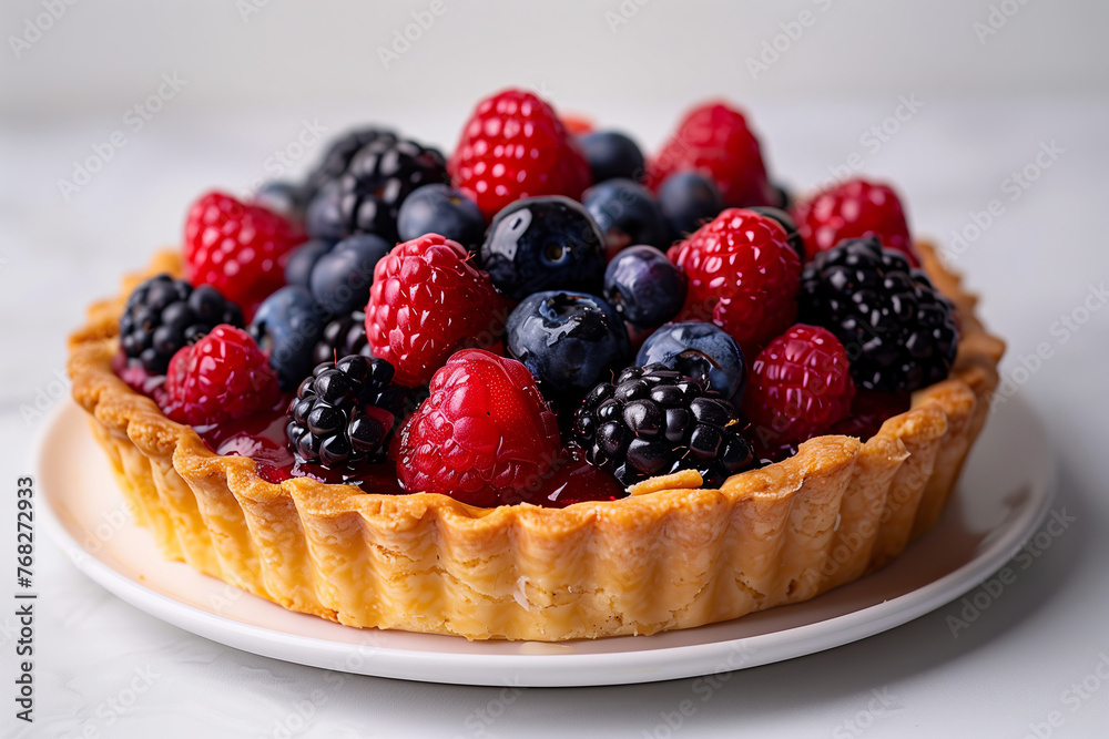 Sumptuous Berry Cream Tart on Elegant White Plate, Gourmet Dessert Focus Sumptuous Berry Cream Tart on Elegant White Plate, Gourmet Dessert Focus