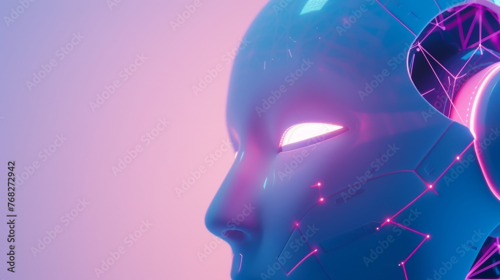 Futuristic AI robot head, sleek minimalist, engaging eye, gradient blue. AI robot head with a sleek design and a glowing eye stands out. Futuristic AI robot head, sleek minimalist, engaging eye, gradient blue. AI robot head with a sleek design and a glowing eye stands out.