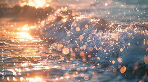 Morning sea waves with glistening sunlight. bokeh sunset light on summer beach perfect for wallpaper background