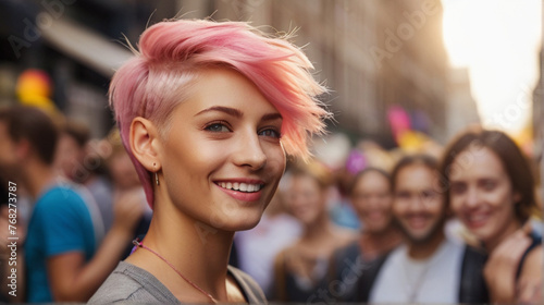 Portrait of beautiful young woman on the street during pride parade with rainbow LGBT flag in the background
