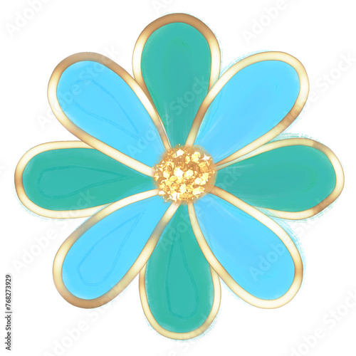 Flor de primavera hecha con técnica de óleo digital. Delineada con hoja de oro líquida, metálica y brillante. Sus pétalos son verde esmeralda y azul cielo intenso.