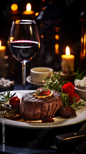 A Portrait of a juicy Beef Steak with Sides and Wine on the Table. Cozy and warm atmosphere.