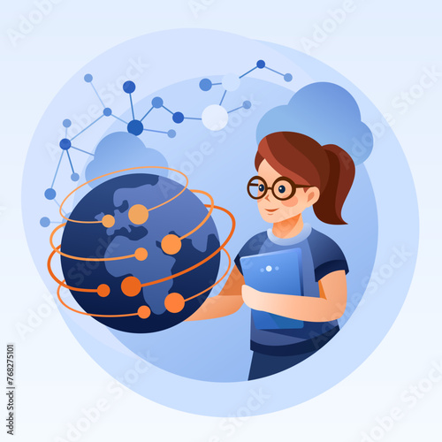 IP Transit For Your Network Illustration - Network Infrastructure and Global Internet Connection, Girl, Woman