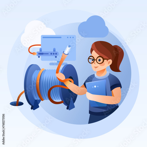 Fiber Optic Cable Installation Illustration - Network Infrastructure and Global Internet Connection, Girl, Woman