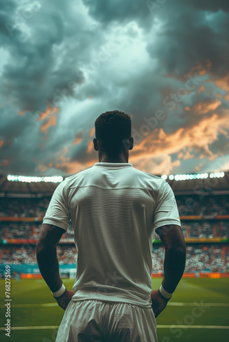 Back of a soccer player in pure white blank soccer jersey, big soccer stadium with full of crowd in the background. Sunset with cloudy weather