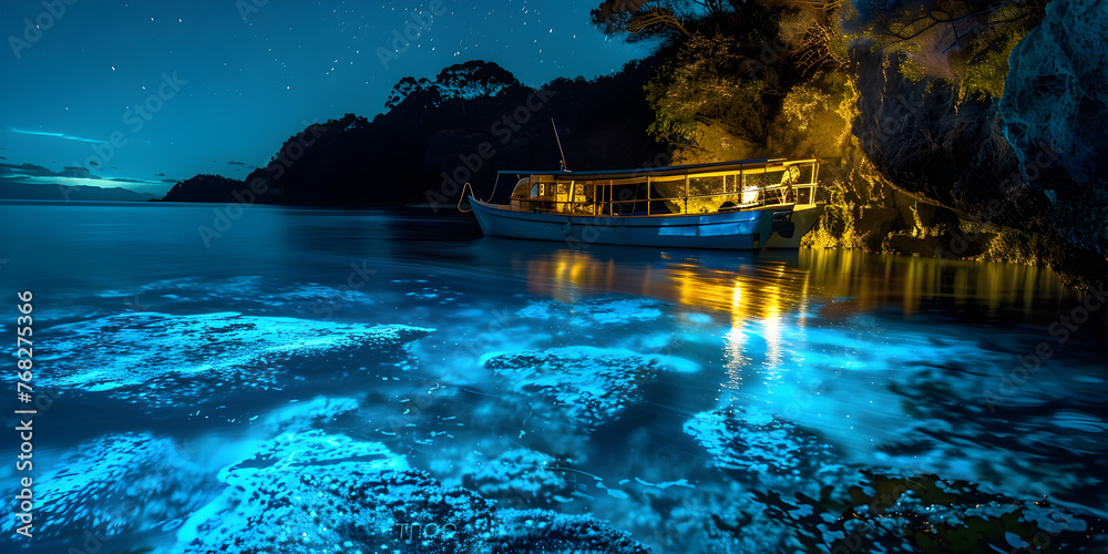 Glowing Lights Illuminate a Vast Water Surface,  meticulously crafted to evoke a mesmerizing dreamlike realm.