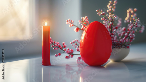  Easter themed with a decorative egg and avibrant red candle. Ai generative. photo