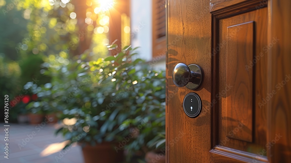 Wooden door with a round doorknob. Classic door handle on a sunny day. Concept of home entrance, warmth, traditional design, and welcoming spaces. - obrazy, fototapety, plakaty 