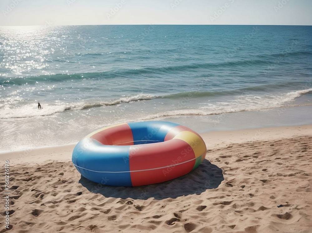 Sandy beach on a bright sunny day with a inflatable on the sand Sandy beach on a bright sunny day with a inflatable on the sand