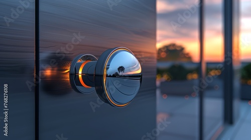 A modern round door knob on a sleek, contemporary door. Door handle. Concept of home entrance, warmth, cozy ambiance, welcoming spaces, and hospitable areas.