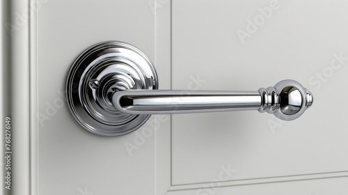 Elegant doorknob on a white door. Polished door handle in a modern home. Modern sleek white Nickel Door Handle. Concept of luxury, clean design, and sophisticated interiors.