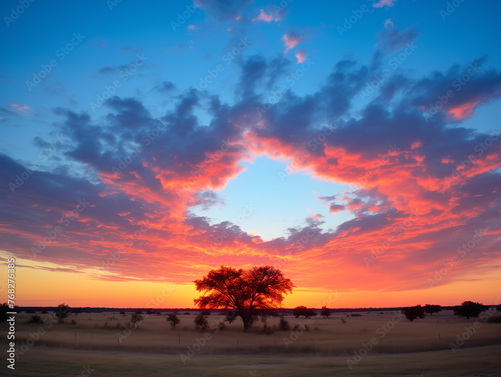 Mesmerizing sunset over the endless golden savanna Breathtaking African sunset landscape with a lonely tree