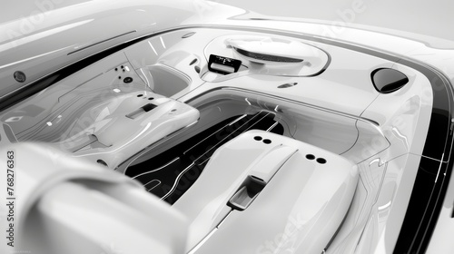 Advanced dashboard and minimalist white seats in conceptual car interior. Sleek design of futuristic vehicle cockpit. Concept of modern transport, innovative design, future automotive trends. © Jafree