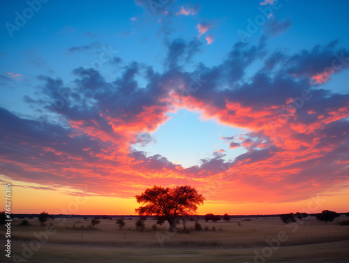 Mesmerizing sunset over the endless golden savanna Breathtaking African sunset landscape with a lonely tree
