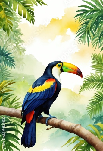 Symbol associated with the country Brazil - watercolor illustration. Vibrant toucan with a colorful beak perching on a tropical tree branch, symbolizing Brazil's boundless natural beauty.
