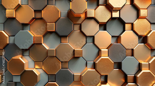 Fototapeta Naklejka Na Ścianę i Meble -  A gold and silver hexagonal patterned wall. The wall is made of metal and has a rough texture.