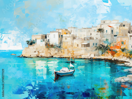 watercolor painting of a Mediterranean seaside village with a lonely boat
