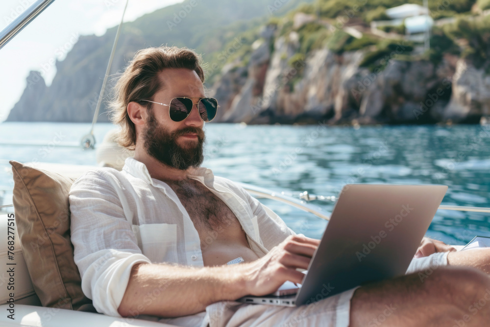 Handsome bearded man in sunglasses using laptop while sitting on the yacht
