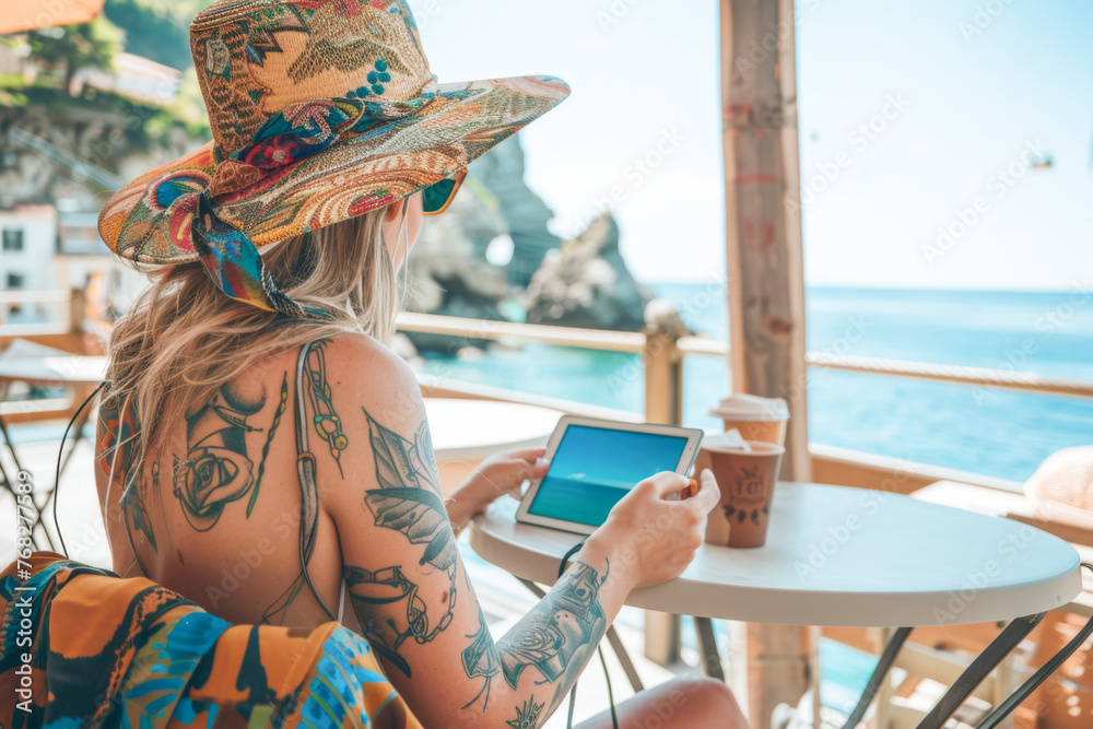 Tattooed woman using tablet while sitting in a cafe on the beach

