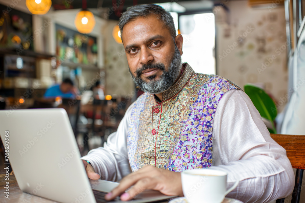 Handsome indian man using laptop in coffee shop. Business concept
Handsome indian man using laptop in coffee shop. Business concept