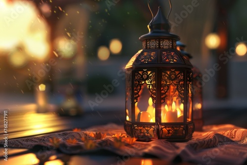 Ornamental Arabic lantern with burning candle glowing in dark. Festive greeting card, invitation for Muslim holy month Ramadan Kareem. High quality photo