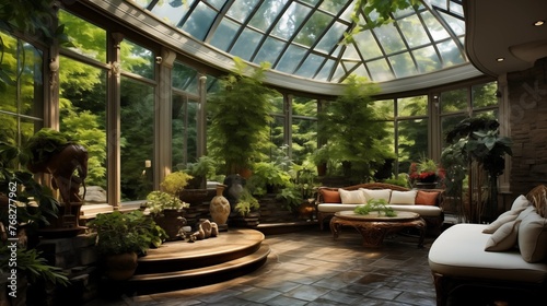 Secluded private backyard conservatory with curved glass ceilings and walls, lush greenery paths, and tranquil koi pond