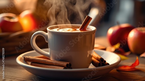Tea in a steamed white mug, an apple and cinnamon sticks on the table. Comfort, autumn season.