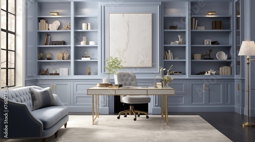 Serene monochromatic home office with walls sheathed in soft powder blue built-in shelving and cabinetry