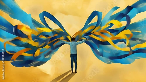 Abstract wings in blue and yellow, the colors of autism awareness, symbolize the embrace of diversity and the spirit of acceptance photo