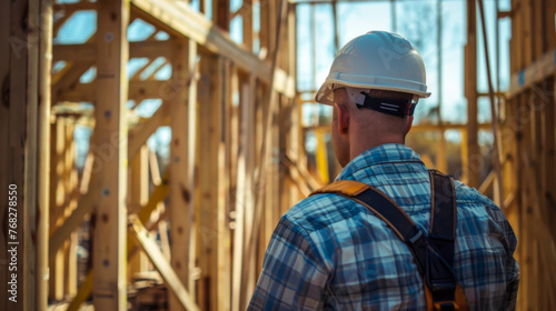 A construction worker wearing a hard hat stands in a large open space. The worker is looking up at the ceiling, possibly checking for any issues or problems