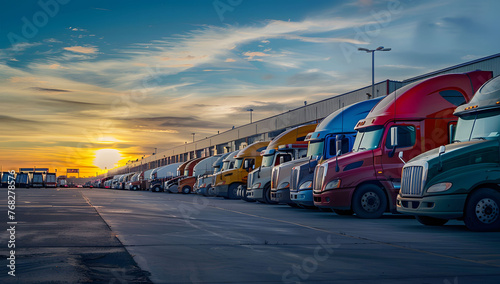 A long line of trucks at the loading dock in front of an industrial warehouse, with the sun setting behind them, creating a warm glow on their surfaces.