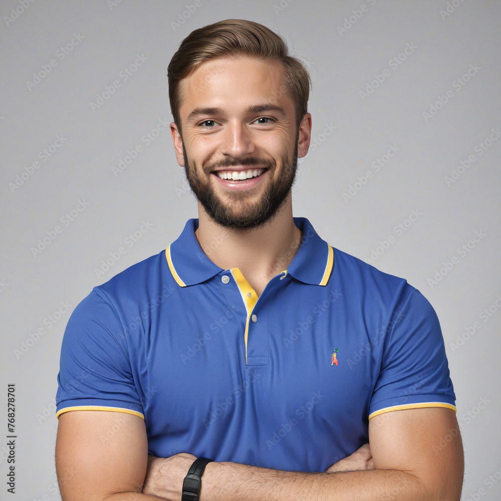 Smiling bearded man in blue polo shirt poses with crossed arms against Smiling bearded man in blue polo shirt poses with crossed arms against