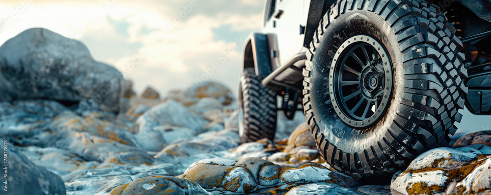 Close-up of an off-road vehicle's muddy tire on rocky terrain under a cloudy sky. - obrazy, fototapety, plakaty 