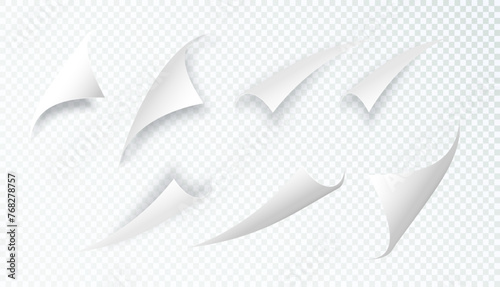 Curly Page Corner realistic illustration. Curled corners set. Paper page curl corner, flip turn fold sheet. Sticker. Vector