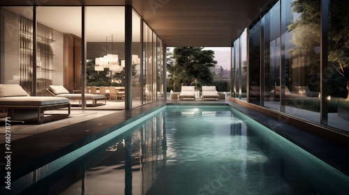 Sleek indoor lap pool with water features  glass walls  and cabana relaxation area