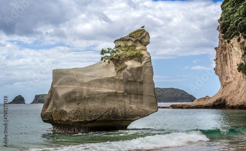 Large isolated rock outcrop offshore at Cathedral Cove, Coromandel Peninsula,  New Zealand