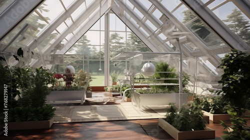 State-of-the-art indoor greenhouse with ventilation systems and hydroponic gardening