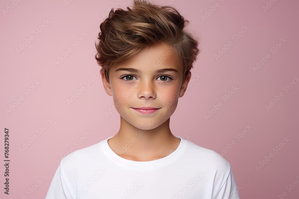 Portrait of a beautiful little boy with short hairstyle on pink background Portrait of a beautiful little boy with short hairstyle on pink background