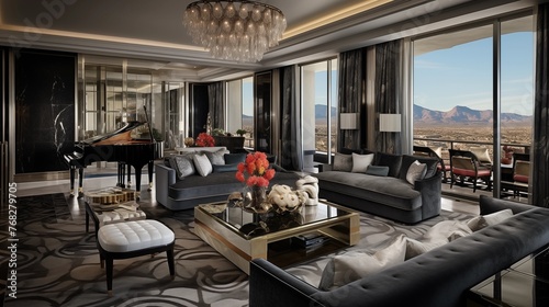 Sumptuous Las Vegas penthouse suite with marble, chandeliers, and lavish furnishings