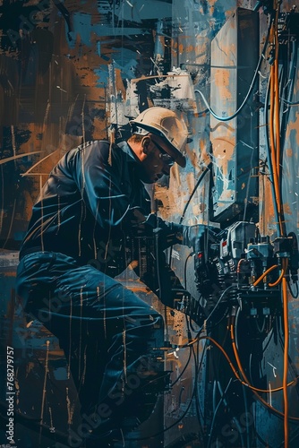 A technician is conducting preventive maintenance on a machine outdoors in the rain. He is focused on his work  wearing appropriate gear to protect himself from the elements
