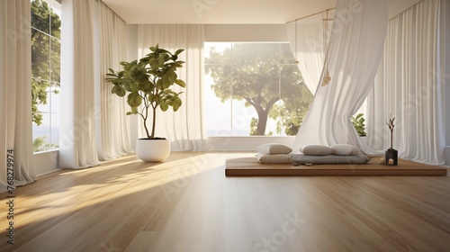 Tranquil home yoga studio space with warm honey-toned wood plank floors