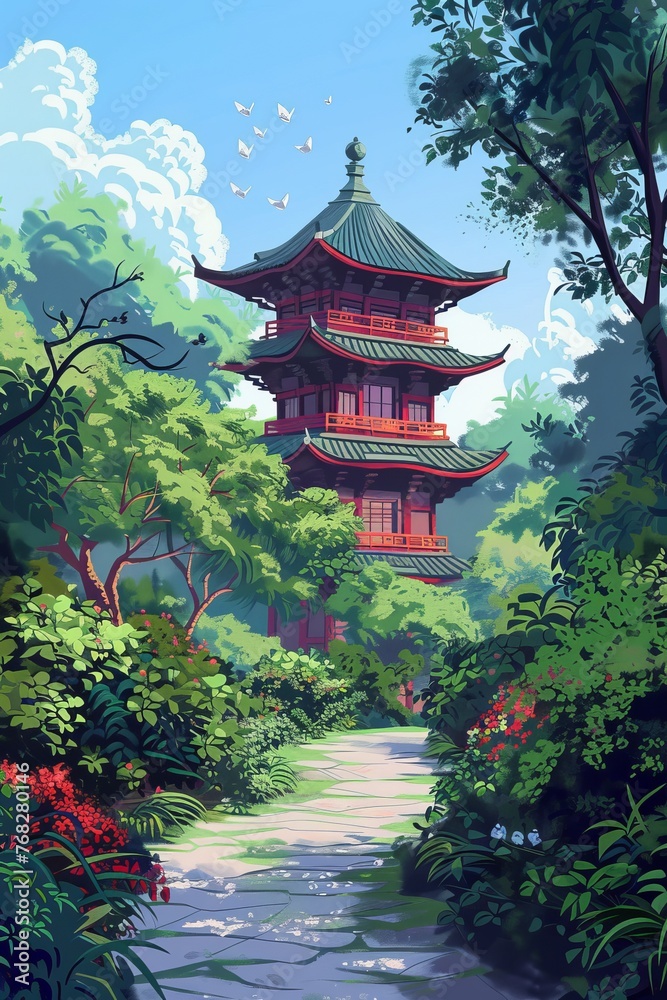 A traditional Chinese pagoda stands tall in the midst of a dense forest. The pagodas intricate architecture contrasts with the lush greenery surrounding it, creating a striking visual