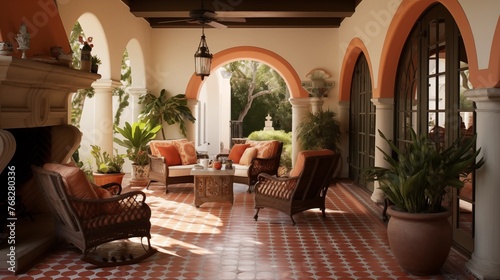 Two-story Spanish Colonial loggia with Saltillo tiled floors, stucco fireplaces, and hand-painted tilework