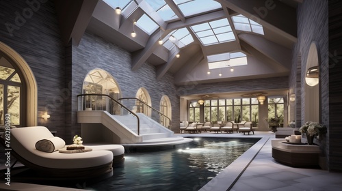 Ultra-luxe indoor home spa with vaulted ceilings, mosaic-tiled therapy pool, and serene relaxation spaces © Aeman